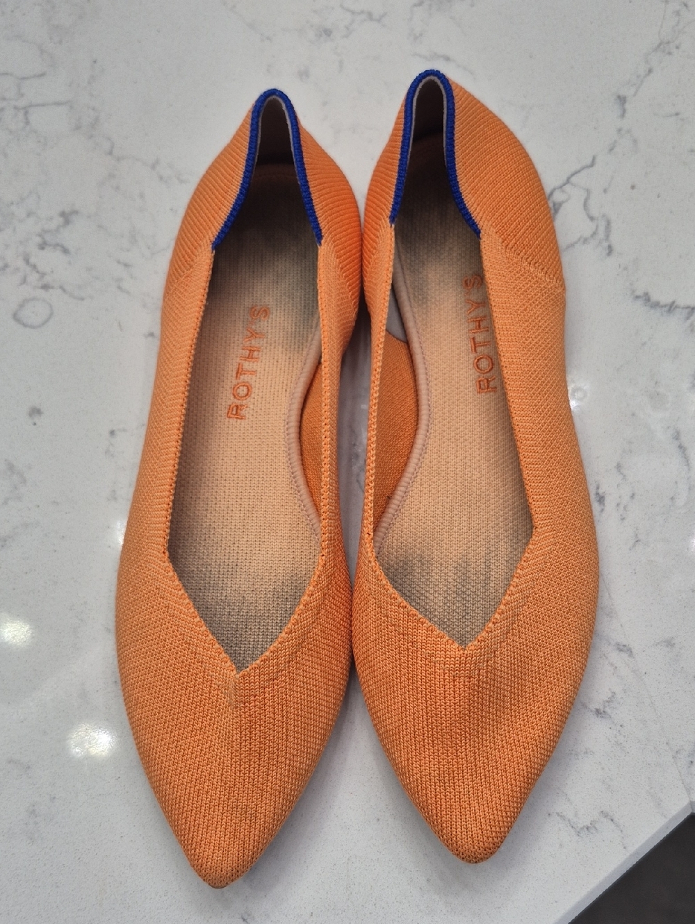 Rothy's Orange Pointed Knit Slip-On Flats with Blue Trim